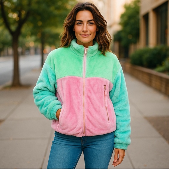 UGG Marlene Jacket II Sherpa Colorblock Zip Womens XL Green Daydream Laguna‎ NWT - Picture 1 of 13
